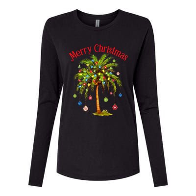 Merry Christmas Palm Tree Light Hawaiian Tropical Christmas Womens Cotton Relaxed Long Sleeve T-Shirt