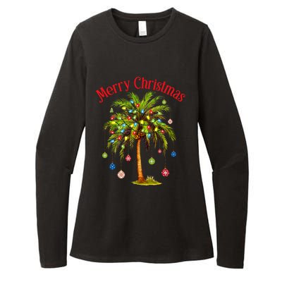 Merry Christmas Palm Tree Light Hawaiian Tropical Christmas Womens CVC Long Sleeve Shirt