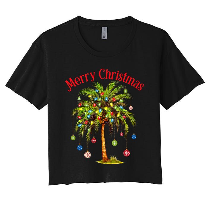 Merry Christmas Palm Tree Light Hawaiian Tropical Christmas Women's Crop Top Tee