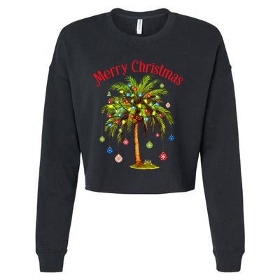 Merry Christmas Palm Tree Light Hawaiian Tropical Christmas Cropped Pullover Crew