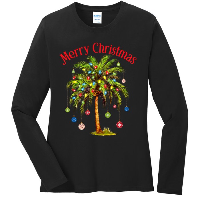 Merry Christmas Palm Tree Light Hawaiian Tropical Christmas Ladies Long Sleeve Shirt