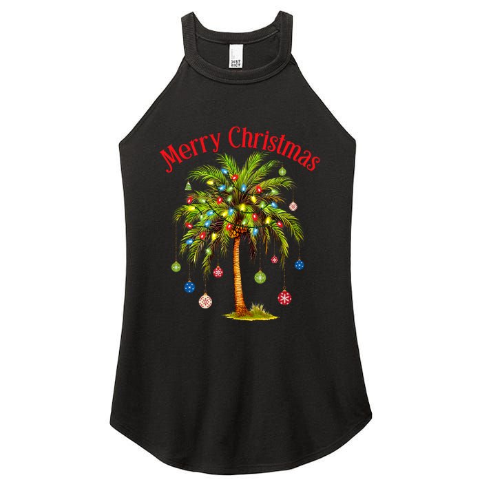 Merry Christmas Palm Tree Light Hawaiian Tropical Christmas Women's Perfect Tri Rocker Tank