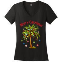 Merry Christmas Palm Tree Light Hawaiian Tropical Christmas Women's V-Neck T-Shirt