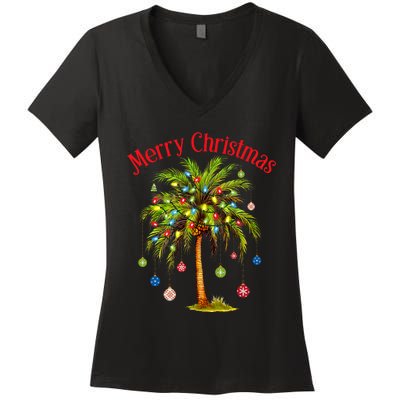 Merry Christmas Palm Tree Light Hawaiian Tropical Christmas Women's V-Neck T-Shirt