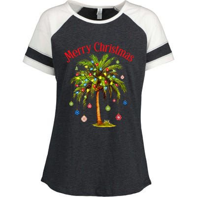 Merry Christmas Palm Tree Light Hawaiian Tropical Christmas Enza Ladies Jersey Colorblock Tee