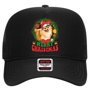 Merry Christmas Pomeranian Santa Dog Lover Xmas  High Crown Mesh Back Trucker Hat