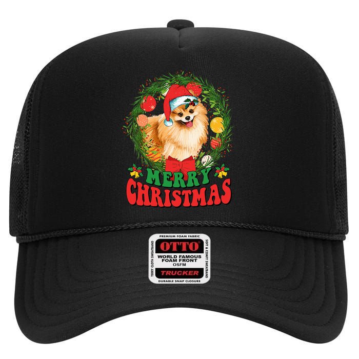 Merry Christmas Pomeranian Santa Dog Lover Xmas  High Crown Mesh Back Trucker Hat