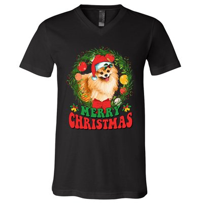 Merry Christmas Pomeranian Santa Dog Lover Xmas  V-Neck T-Shirt