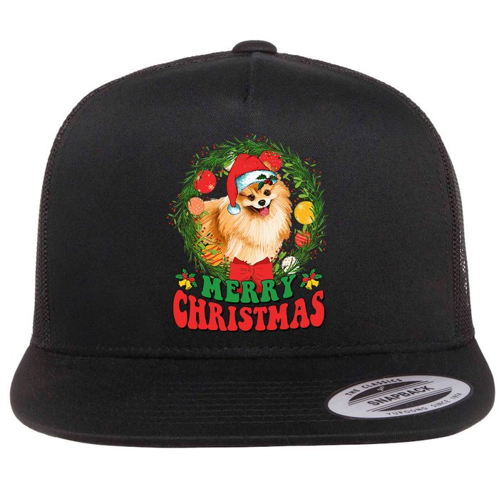 Merry Christmas Pomeranian Santa Dog Lover Xmas  Flat Bill Trucker Hat