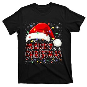 Merry Christmas Plaid Lights Red Santa Hat Xmas Family T-Shirt