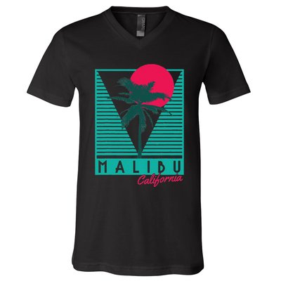 Malibu California Palm Trees Surf Vintage Retro V-Neck T-Shirt