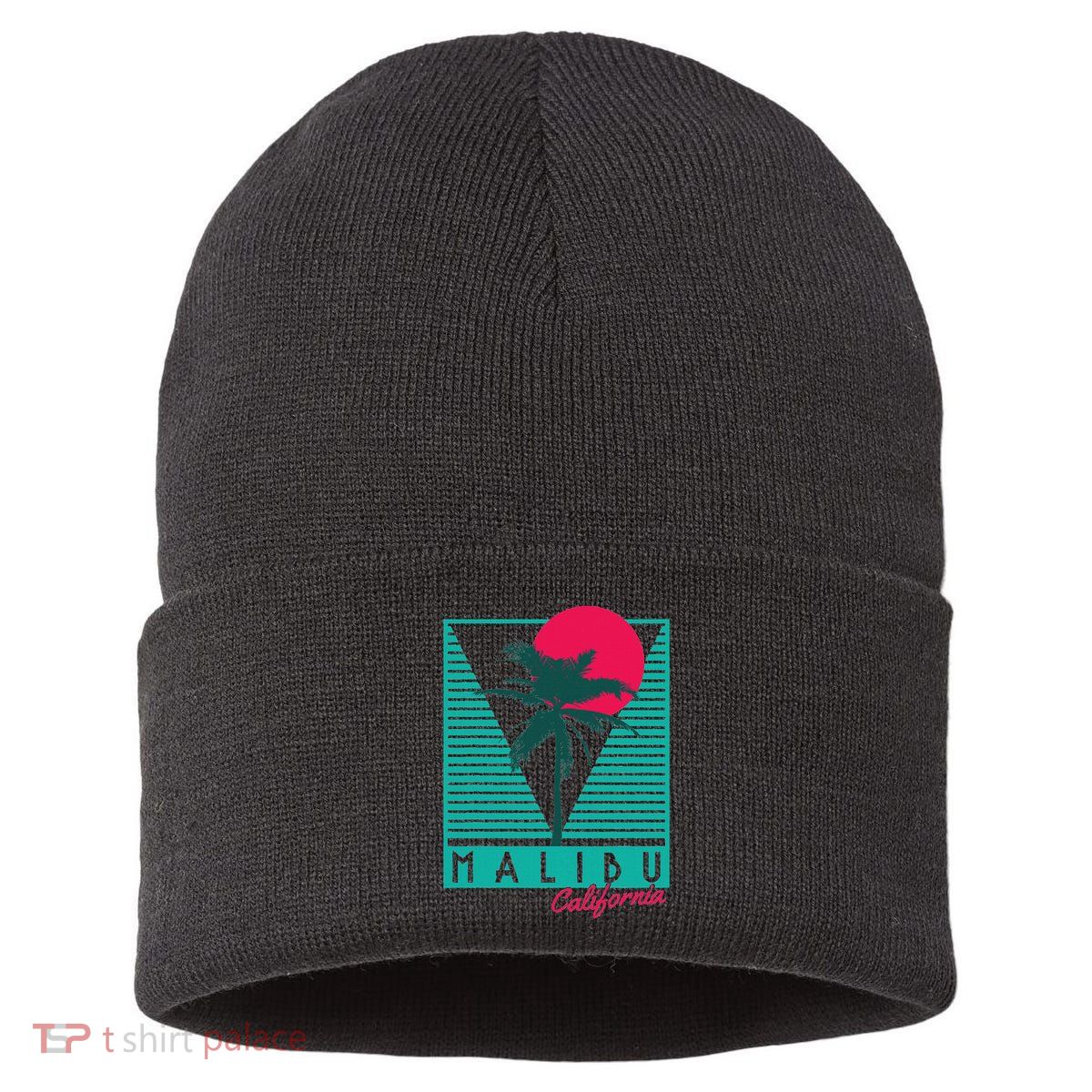 Malibu California Palm Trees Surf Vintage Retro Sustainable Knit Beanie