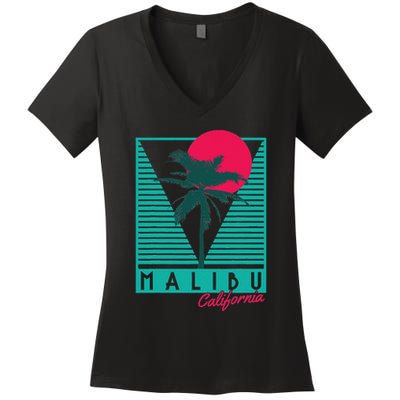 Malibu California Palm Trees Surf Vintage Retro Women's V-Neck T-Shirt
