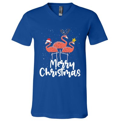 Merry Christmas Pink Flamingo Lover Xmas Wading Bird Gift V-Neck T-Shirt