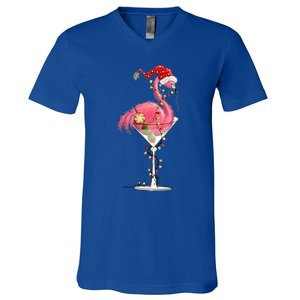 Merry Christmas Pink Flamingo Wine Ing Lights Xmas Tree Funny Gift V-Neck T-Shirt