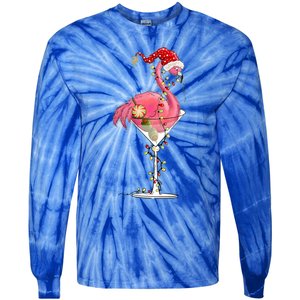 Merry Christmas Pink Flamingo Wine Ing Lights Xmas Tree Funny Gift Tie-Dye Long Sleeve Shirt