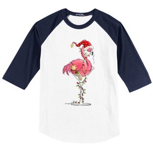 Merry Christmas Pink Flamingo Wine Ing Lights Xmas Tree Funny Gift Baseball Sleeve Shirt