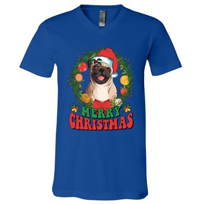 Merry Christmas Pug Santa Hat Dog Lovers Ugly Sweater Xmas Gift V-Neck T-Shirt