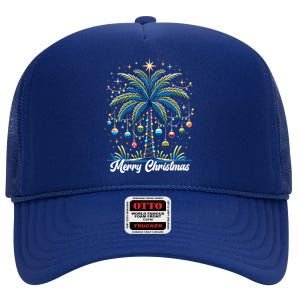 Merry Christmas Palm Tree Lights Ornats Star Tropical Meaningful Gift High Crown Mesh Back Trucker Hat