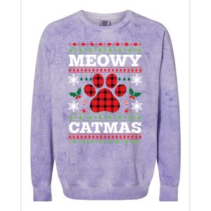 Meowy Catmas Paw Ugly Christmas Plaid Colorblast Crewneck Sweatshirt