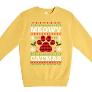 Meowy Catmas Paw Ugly Christmas Plaid Premium Crewneck Sweatshirt