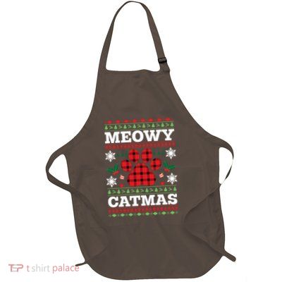 Meowy Catmas Paw Ugly Christmas Plaid Full-Length Apron With Pockets