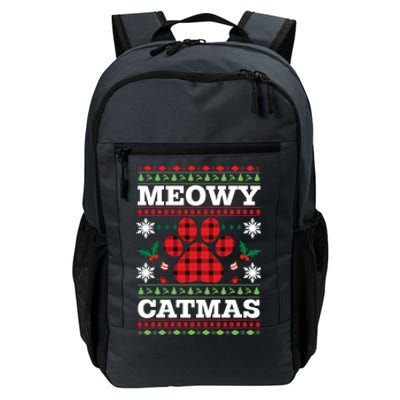 Meowy Catmas Paw Ugly Christmas Plaid Daily Commute Backpack