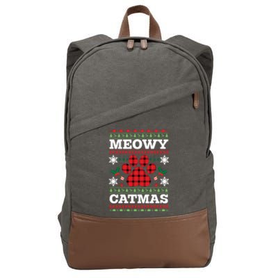 Meowy Catmas Paw Ugly Christmas Plaid Cotton Canvas Backpack