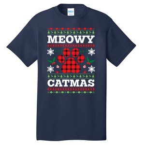 Meowy Catmas Paw Ugly Christmas Plaid Tall T-Shirt