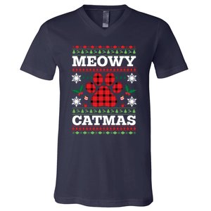 Meowy Catmas Paw Ugly Christmas Plaid V-Neck T-Shirt