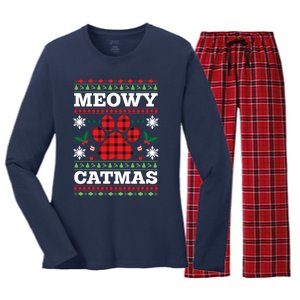 Meowy Catmas Paw Ugly Christmas Plaid Women's Long Sleeve Flannel Pajama Set 