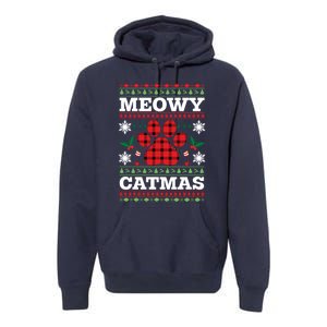 Meowy Catmas Paw Ugly Christmas Plaid Premium Hoodie