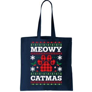 Meowy Catmas Paw Ugly Christmas Plaid Tote Bag