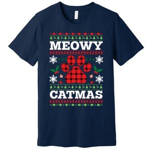 Meowy Catmas Paw Ugly Christmas Plaid Premium T-Shirt