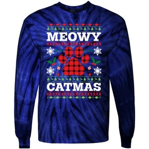 Meowy Catmas Paw Ugly Christmas Plaid Tie-Dye Long Sleeve Shirt