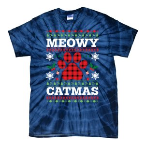 Meowy Catmas Paw Ugly Christmas Plaid Tie-Dye T-Shirt