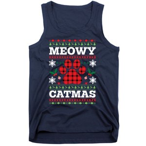 Meowy Catmas Paw Ugly Christmas Plaid Tank Top