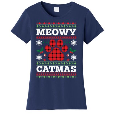 Meowy Catmas Paw Ugly Christmas Plaid Women's T-Shirt