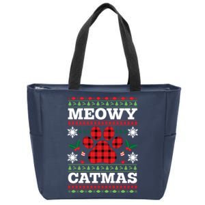 Meowy Catmas Paw Ugly Christmas Plaid Zip Tote Bag