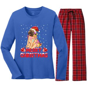 Merry Christmas Pud Dog Santa Hat Lights Snowflakes Novelty Great Gift Women's Long Sleeve Flannel Pajama Set 