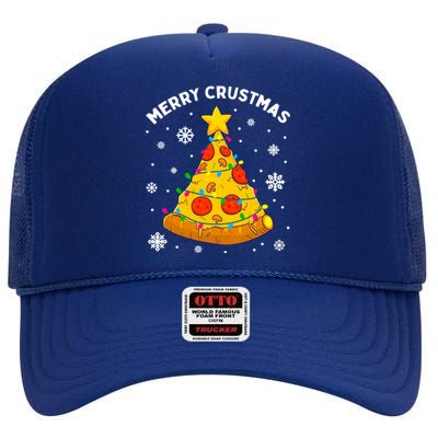 Merry Crustmas Pizza Christmas Tree Xmas Gifts High Crown Mesh Back Trucker Hat