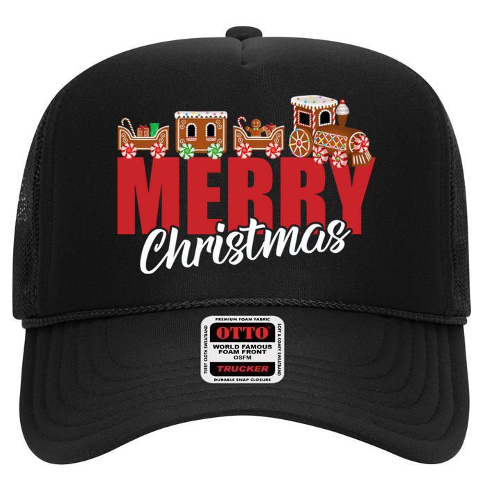 Merry Christmas Pajama Cookie Train Gingerbread Candy Cane High Crown Mesh Back Trucker Hat