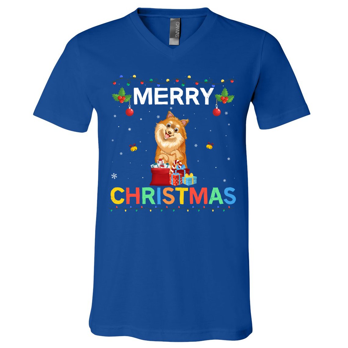 Merry Christmas Pomeranian Dog Lovers Xmas Holiday Party Gift V-Neck T-Shirt