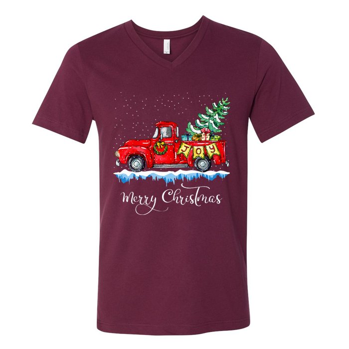 Merry Christmas Red Truck Old Fashioned Christmas V-Neck T-Shirt