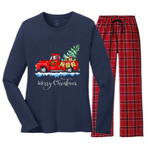 Merry Christmas Red Truck Old Fashioned Christmas Women's Long Sleeve Flannel Pajama Set 