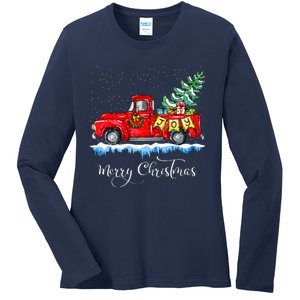 Merry Christmas Red Truck Old Fashioned Christmas Ladies Long Sleeve Shirt