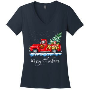 Merry Christmas Red Truck Old Fashioned Christmas Women's V-Neck T-Shirt