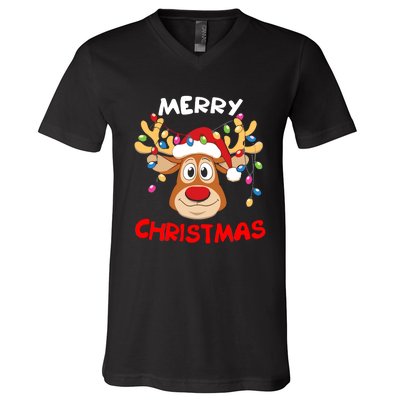 Merry Christmas Reindeer Xmas Family V-Neck T-Shirt