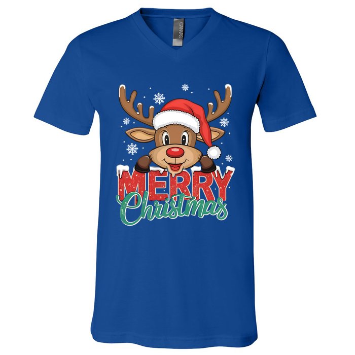 Merry Christmas Red Santa Hat Reindeer Xmas Family Gift V-Neck T-Shirt