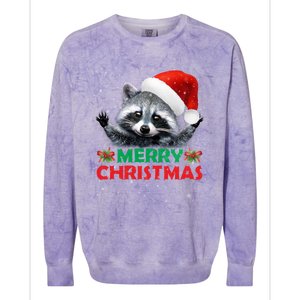 Merry Christmas Raccoon Santa Raccoon Wears Santa Hat Funny Long Sleeve Colorblast Crewneck Sweatshirt